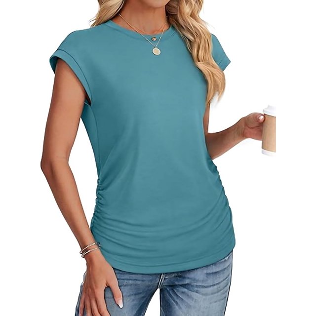 T-shirts d'Été pour Femmes Froncés à Manches Courtes Style Cap, T-Shirts à Col Rond, Mode Bleu Paon TTG