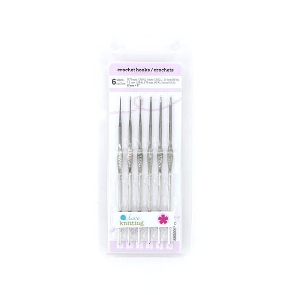 LOVE KNITTING Steel Crochet Hook Assorted Set, 12 cm (5"), 6 sizes, 0.75 mm (US 14), 1 mm (US 12), 1.25 mm (N/A), 1.5 mm (US 8), 1.75 mm (N/A), 2 mm (US 4)