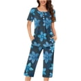 thumbnail image 2 of FAFWYP Ensembles de Pyjama 2 Pcs pour Femmes, Ensembles de Pyjama à Imprimé Floral, Tenue de Nuit Douce, Hauts à Manches Courtes à Col Ras du Cou et Pantalons Capri, Ensembles de Détente, P-3TG, 2 of 5