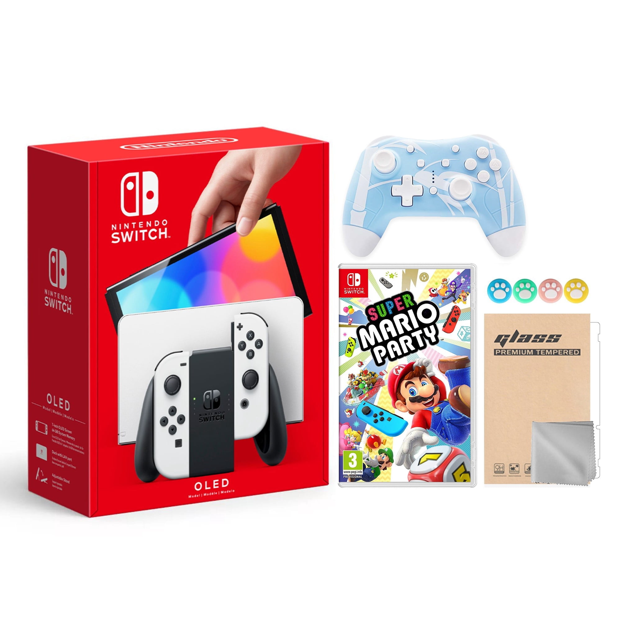 Nintendo Switch OLED Model White Joy Con 64GB Console Improved HD Screen & LAN-Port Dock with Super Mario Party And Mytrix Wireless Pro Controller and Accessories