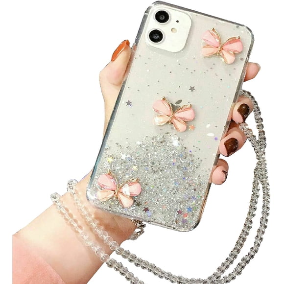 Case for iPhone 11, For Apple iPhone 11 White Smart Shockproof Glitter Crystal butterfly Wrist Strap Cover Case