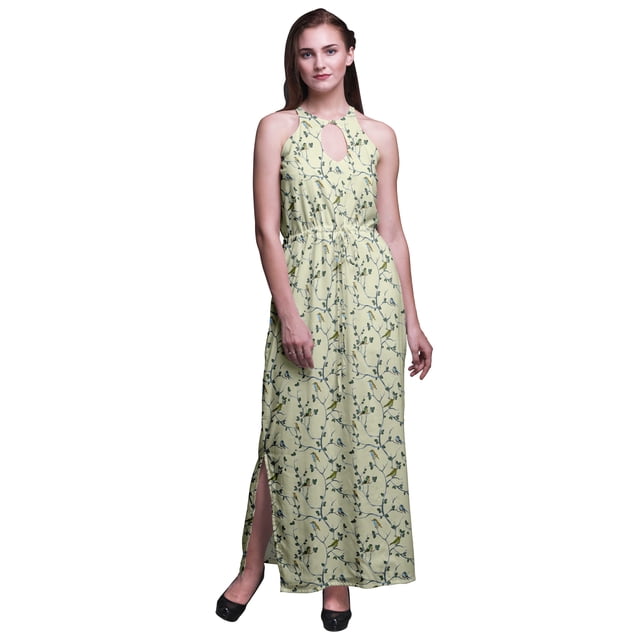 Bimba Robe Longue de Soirée Imprimée pour Femmes, Col Rond, Fentes Latérales, Grande Taille