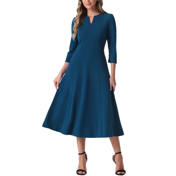INSPIRE CHIC Women's Work Dress A Line 3/4 Sleeves Elegant Midi Dress XL Dark Blue