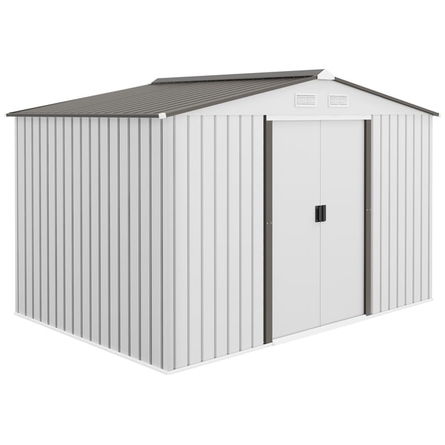 Outsunny 9' x 6' Garden Storage Shed with steel foundation kit, a durable metal shed for outdoor storage. Made of galvanized steel in grey and silver finish, it features double sliding doors, four air vents for airflow, and a sloped roof to prevent moisture accumulation. Suitable for storing tools, garden equipment, bicycles, or lawn care items. Panels are pre-cut and pre-drilled for faster assembly.