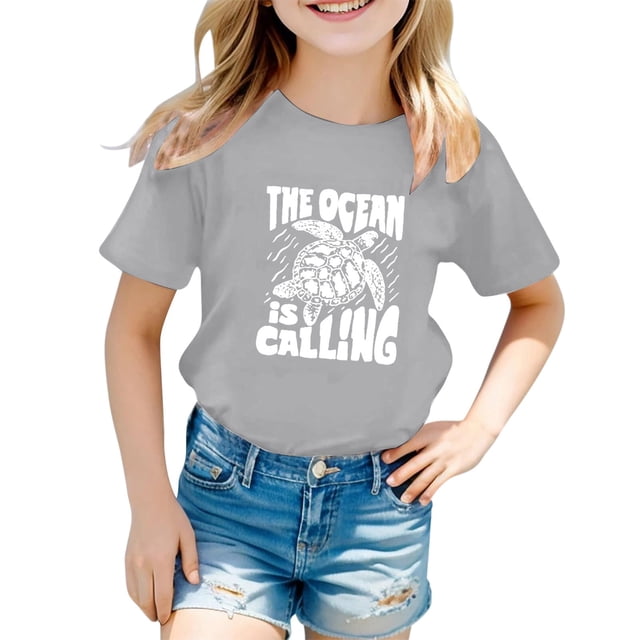 FhsagQ le 7 Juillet T-Shirt Décontracté pour Enfants à Motif de Lettres Imprimé Multicolore Col Rond Manches Courtes Fillette Printemps le 7 Juillet T-Shirts 4T Ensembles Pâques Gris 2-3 Ans