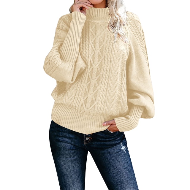 Ladies Mid Neck Sweater Patchwork Knitting Sweaters Loose Long Sleeve Knit Pullover Fleece Sweaters for Women Solid Color Sweater Pullover Fireside Sweater Top