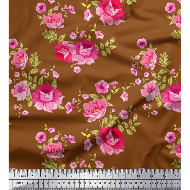 Soimoi Tissu Poly Georgette Feuilles, Roses et Pivoines Imprimés Floraux au Mètre 42 Pouces de Large