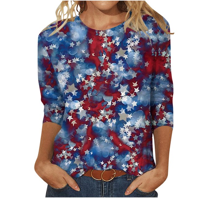 EQWLJWE Hauts d'Été pour Femmes Hauts pour Femmes Liquidation Mode Féminine Manches Courtes Col Rond Rétro Imprimé Blouse Ample Manches Trois-Quarts