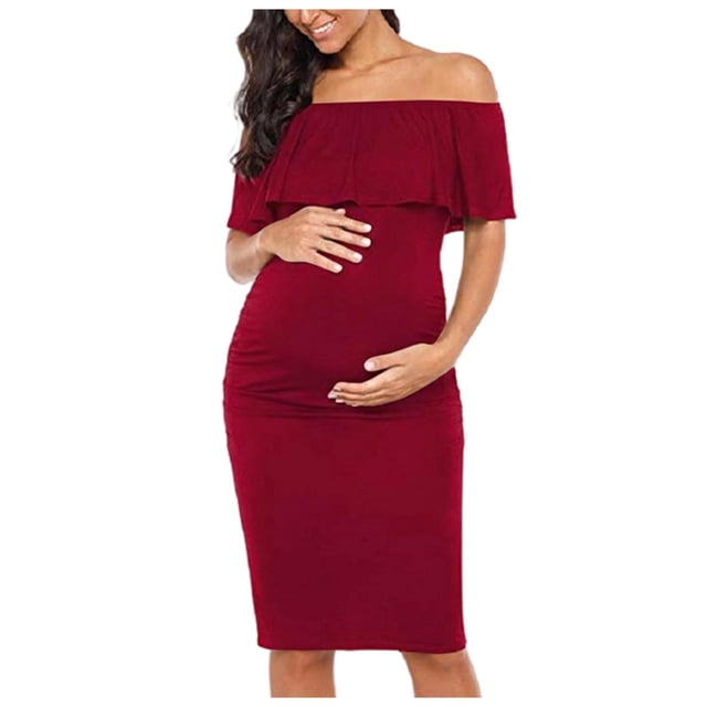 Tranfacy Robe de Maternité Sans Manches pour Femmes, à Volants, une Épaule, Longueur Genou, Robe Moulante pour Tenue de Maternité