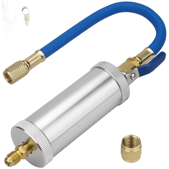 Cylindre de Remplissage d'Huile de Liquide de Refroidissement en Alliage d'Aluminium avec Interrupteur Indépendant pour Climatiseur de Voiture R134A R12, Port 40Mm Capacité 2Oz Tube 188Mm Bleu