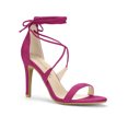 thumbnail image 1 of BLISSFUL STEP Chaussures pour Femmes Sandales à Talon Aiguille Haut à Bride Cheville à Nouer Bout Ouvert en Faux Suède Rose Vif 7, 1 of 7