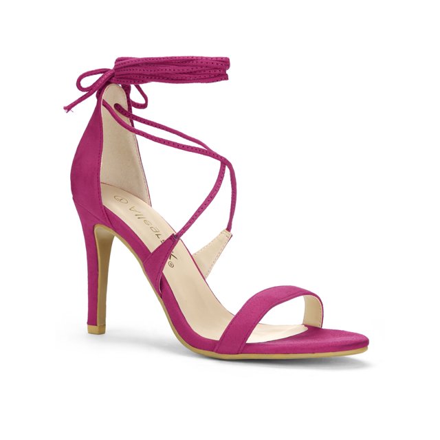 BLISSFUL STEP Chaussures pour Femmes Sandales à Talon Aiguille Haut à Bride Cheville à Nouer Bout Ouvert en Faux Suède Rose Vif 7
