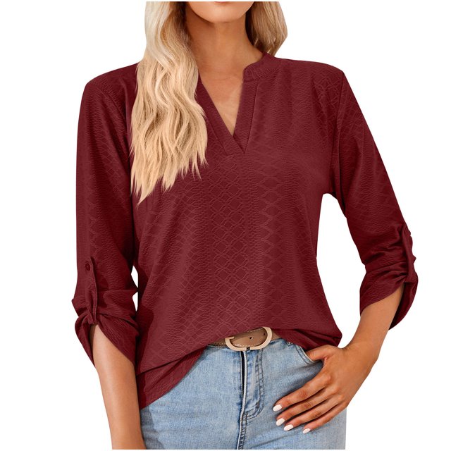 Pompotops T-shirt Ample à Manches Longues pour Femme, Uni, Col en V, en Solde