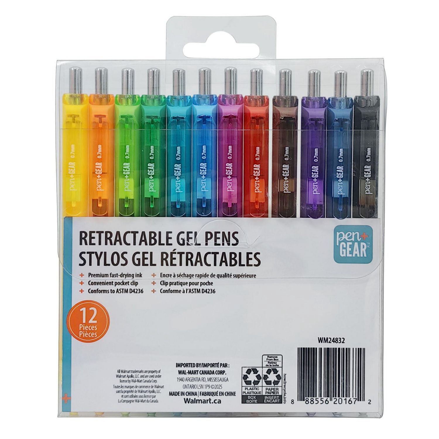 Pen+Gear Retractable Gel Ink Pens, Assorted Colors, 0.7mm, 12 Count