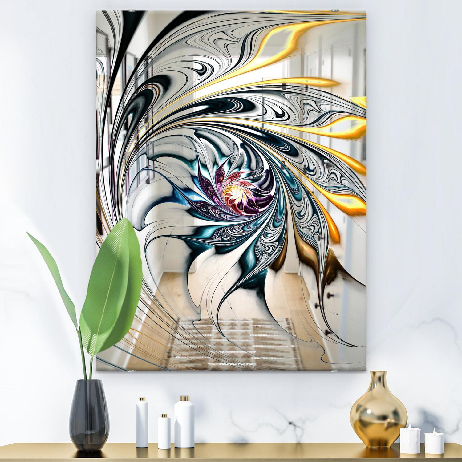 Designart 'White Stained Glass Floral Art' Moderne et Miroir - Miroir Accent - 24x36