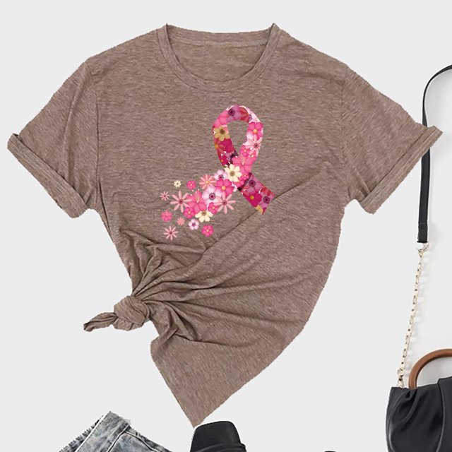 TIMIFIS Chandails de Sensibilisation au Cancer du Sein pour Femmes Été Ample Imprimé T-Shirt à Col Rond Manches Courtes Blouse Décontractée Automne/hiver