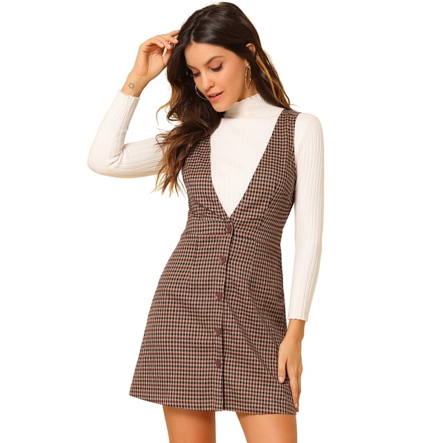 INSPIRE CHIC Women's Overall Suspender Check Houndstooth Pinafore Dress