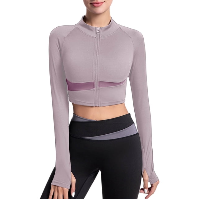 WRKEKC Haut Court Doux au Toucher Actif à Manches Longues Col Rond en Éponge Brossée Style Studio à Mode Urbaine pour Femmes Violet P