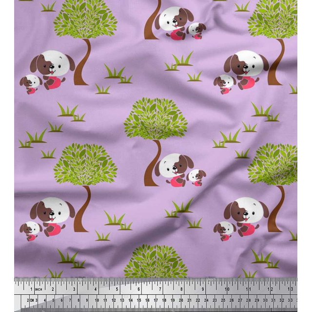 Soimoi Velvet Fabric Tree & Dog Kids Print Fabric by The Yard 58 Inch Wide