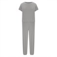 thumbnail image 4 of Penkiiy Ensemble 2 Pcs d'Été pour Femme en Coton et Lin, Col Ras du Cou, Manches Mi-Longues, Pantalon Long, Combinaison, Se S Gris, 4 of 6