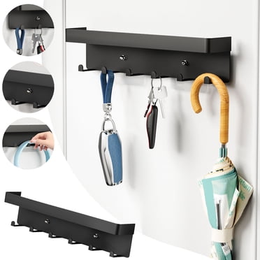 Wall Mount Key Holder with 6 Hooks & Storage Tray | No-Drill Installation | Multifunctional Entryway Organizer | 25x6x4.5cm | Carbon Steel