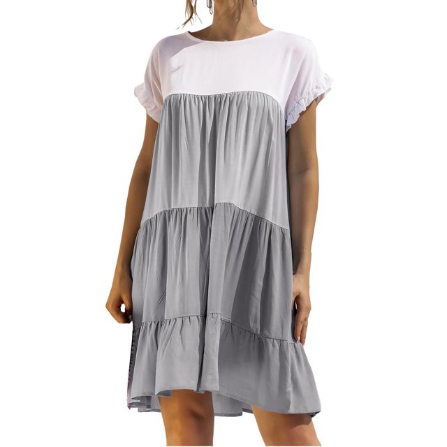 Bigersell Robe Grande Taille pour Femmes Liquidation Femme Col Rond Manches Courtes Longueur Genou Robe Soleil Style de Robe D-5 Robes Midi de Fête Dames 2024 Robes d'Été Régulières, Gris TTG