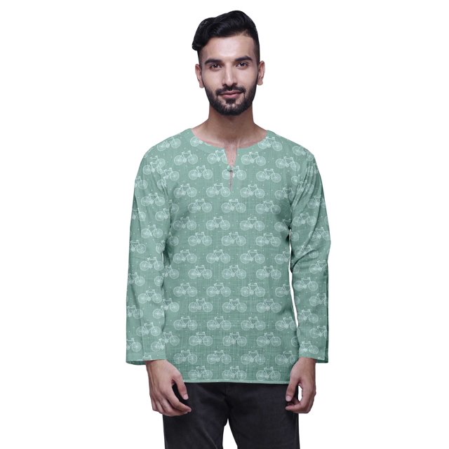 Atasi Cotton Slub Long Sleeve Kurta For Men Keyhole Neck Ethnic PrintedShirt