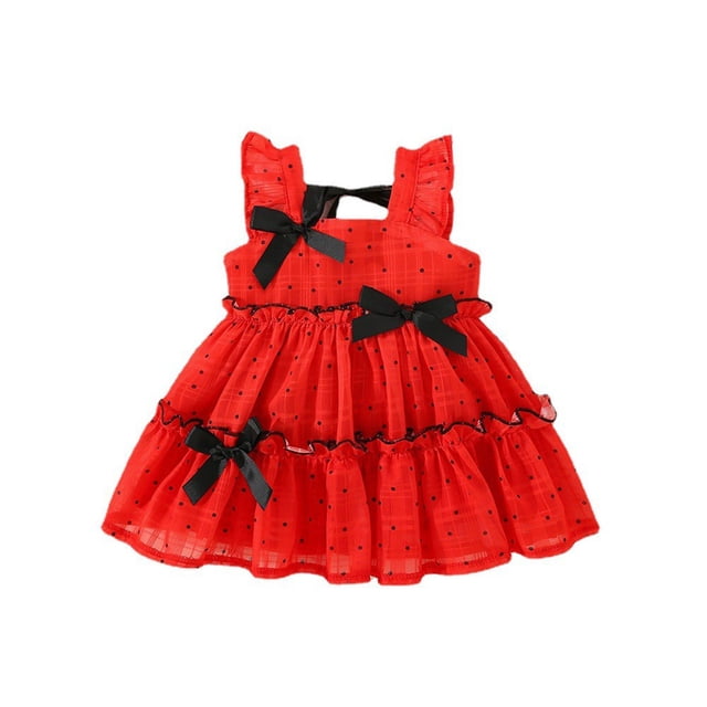 Kmbangi Robes d'Été pour Bébés Filles en Bas Âge Sans Manches Noeud devant Points Impression Robe de Réservoir à Plusieurs Niveaux pour 9M-3Y