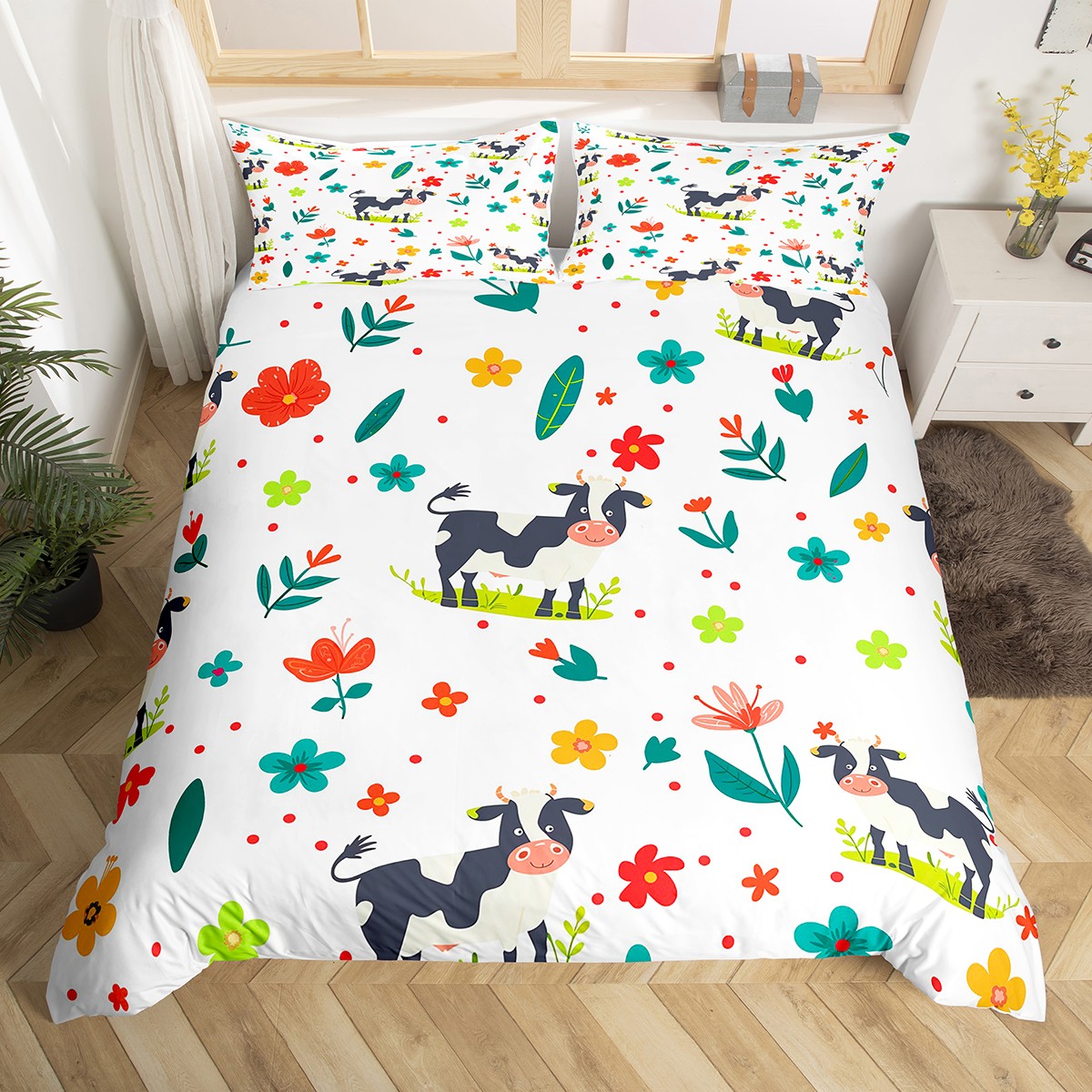 YST Milk Cow Duvet Cover Kawaii Animal Queen Bedding Sets Cute Flower Animal Bed Set, Rustic Farm Animal Comforter Cover Botanical Flower Pattern 3D Bed Cover (Pink Reverse),No Comforter