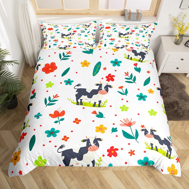 YST Milk Cow Duvet Cover Kawaii Animal Queen Bedding Sets Cute Flower Animal Bed Set, Rustic Farm Animal Comforter Cover Botanical Flower Pattern 3D Bed Cover (Pink Reverse),No Comforter