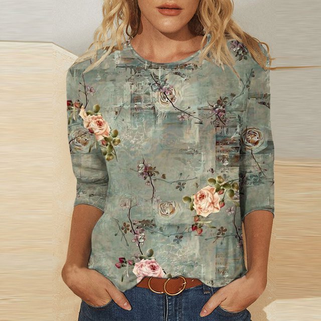 Hauts Grande Taille Mode Femme T-shirt Ample Imprimé Blouse Manches 3/4 Col Rond Hauts Décontractés Hauts Femme Été en Liquidation