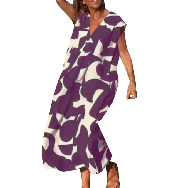 2025 Robe à Col en V pour Dames à Manches Courtes, à Lacets, Imprimée, Grande Jupe, Robe d'Été pour Femmes, Robe Maxi pour Dames, Robes d'Été Décontractées pour Femmes, Robe de Saison, Robes Chemise Maxi, Robes Longueur Genou fo