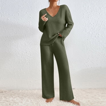 Aboser Ensembles Deux Pièces pour Femmes Tenues d'Automne Confortables en Tricot Côtelé Ensembles de Détente Hauts à Col en V Pantalons Longs à Jambes Larges Survêtements Tenues de Vacances et de Voyage Vêtements Tendance