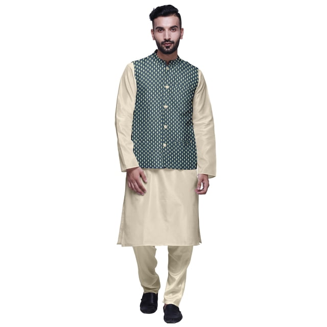 Atasi Mandarin Collar Traditional Solid Kurta Pajama With Printed Jacket Set