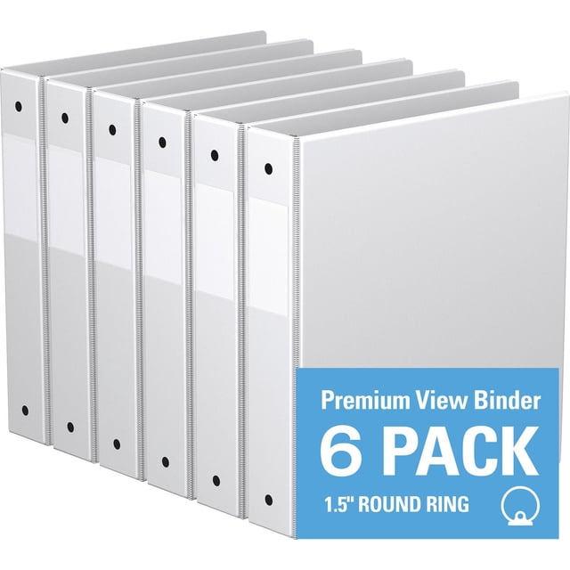 Davis Group, Premium Economy, Round Ring, Binder, 6 Pack, 1.5" showing six white binders with 1.5-inch round rings, clear interior pockets on front and back covers for securing documents, and full-width label holders on spines, ideal for office, school, and conference use.