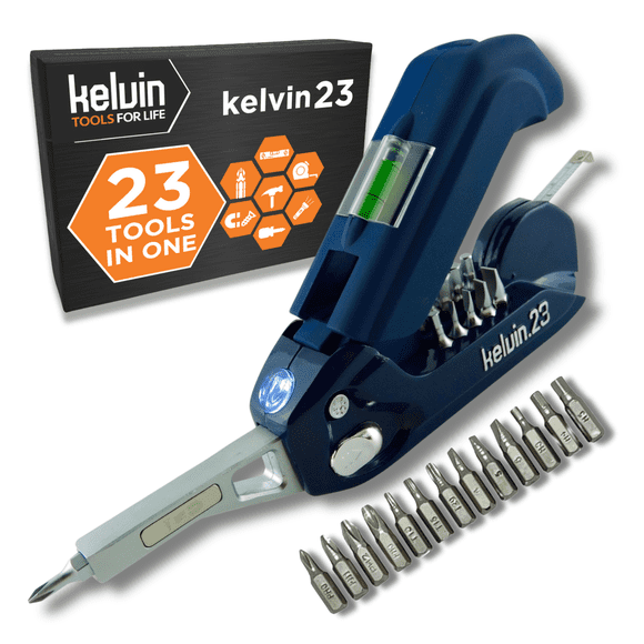 Kelvin Tools Kelvin 23 Urban Multi Tool Screwdriver Set All in One with 16 Bit Set, Tape Measure, Liquid Level, Hammer, Flashlight Multibit Pocket Screwdriver, Universal Precision Screwdriver