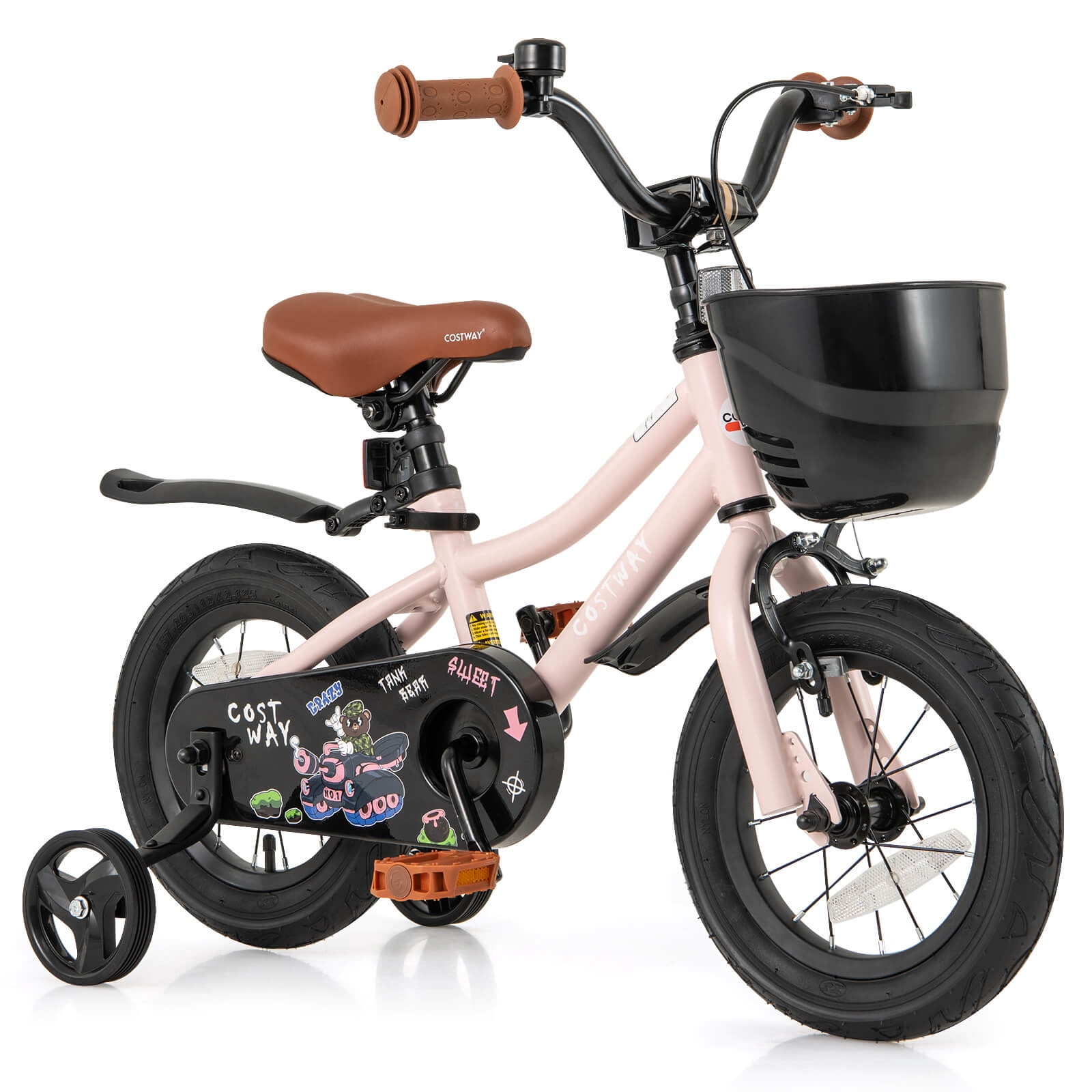 Costway 12" Kid's Bike with Training Wheels Adjustable Handlebar & Seat Handbrake Pink
