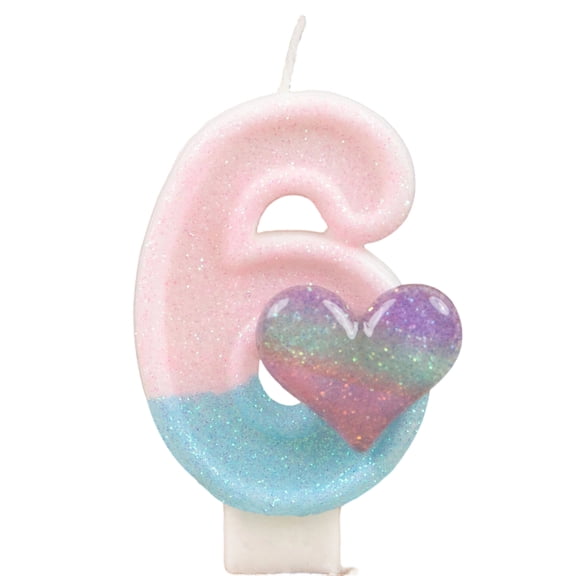 Bougie Dégradé Pastel, Bougie Chiffre Cœur Arc-en-Ciel, Fournitures de Fête Pastel, Bougie Chiffre Dégradé Rose Bleu avec Cœur Arc-en-Ciel, Dessus de Gâteau d'Anniversaire Pastel pour Femmes, Chiffre Cœur Pastel 6