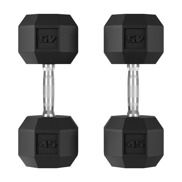 Rubber Coated Hex Dumbbell 45 lbs Pair, Black PVC Chrome Handle Free Weights, Strength Training for Home Gym Full Body