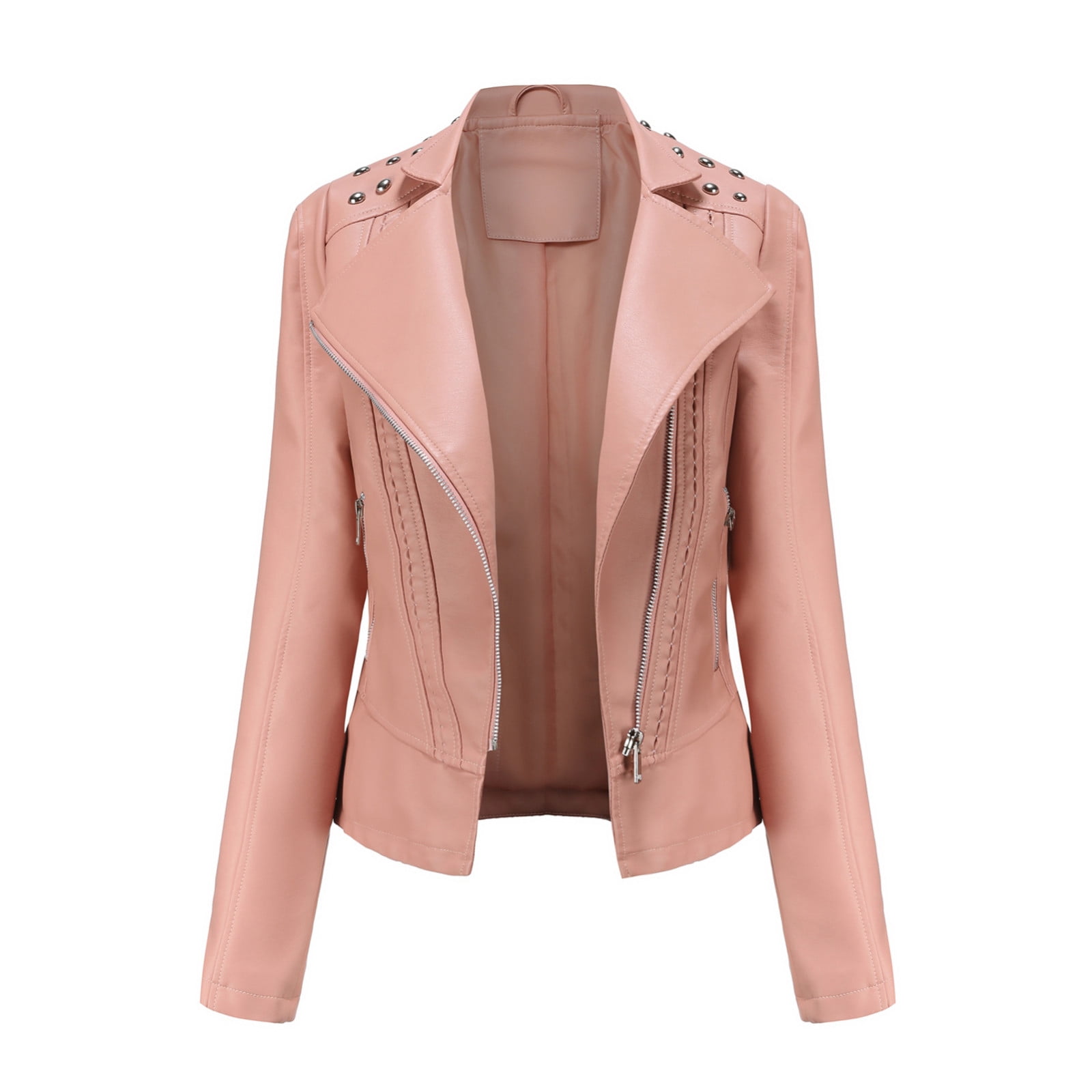 WEIYLL Womens Fleece Jacket Leather Motorcycle Short Lightweight Pleather Crop Pink Winter Coats Size 2XL