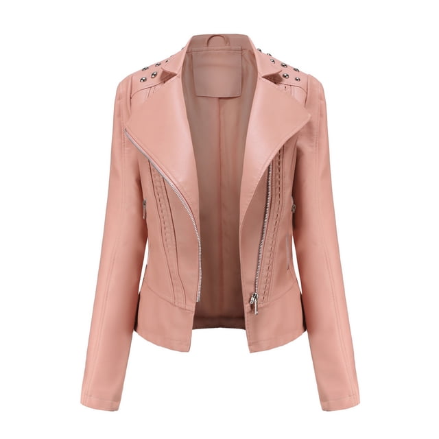 WEIYLL Womens Fleece Jacket Leather Motorcycle Short Lightweight Pleather Crop Pink Winter Coats Size 2XL