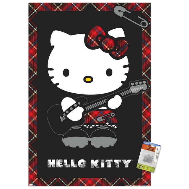 Hello Kitty - Affiche Murale Punk, 22,375 Po x 34 Po, Mettant en Vedette Hello Kitty avec un Visage Blanc, des Yeux Noirs et un Nez Jaune, Portant un Nœud et une Jupe à Carreaux Rouges et Noirs, Tenant une Guitare Électrique Noire, Ensemble sur Fond Noir avec une Bordure à Carreaux Rouges et des Graphiques d'Épingles de Sécurité, Imprimé sur du Papier d'Affiche Lustré Idéal pour la Décoration Murale de Chambre Ou de Bureau.