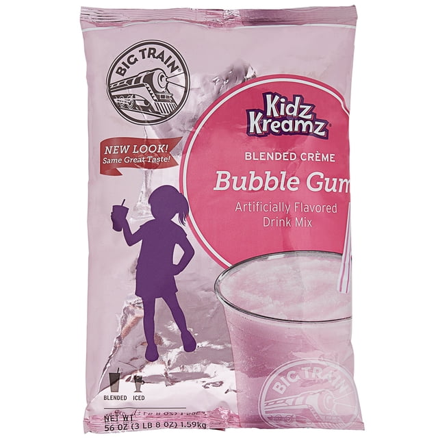 Big Train Mélange pour Frappé Crème Mélangée 3,5 lb Bubble Gum Kidz Kreamz dans un Paquet Rose avec une silhouette d'Enfant Tenant une Boisson et une illustration de Boisson Aromatisée Bubblegum. Idéal pour les Cafés, restaurants et Cafés, Ce Mélange Faible en Gras et Sans Caféine Peut Être Servi Chaud, Glacé Ou Mélangé, Ce Qui en Fait une option Polyvalente pour les Mélanges de Boissons en Vrac.