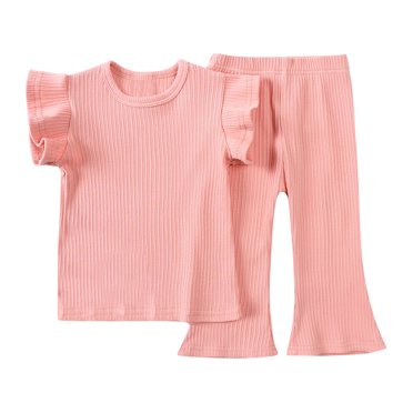Qertyioot Mode Ensembles Décontractés pour Filles T-Shirts à Manches Courtes Col Rond Bouton Pantalon Long Uni Liquidation