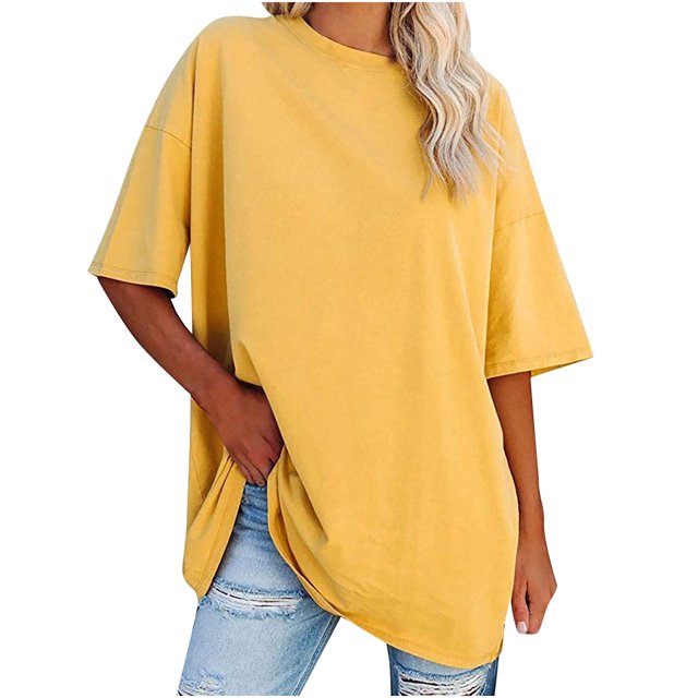 Plebaso T-Shirts Surdimensionnés pour Femmes 2025 Manches Courtes Hauts Amples Col Rond Décontracté Uni T-Shirts Basiques pour Femmes