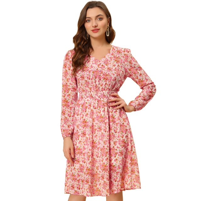 INSPIRE CHIC Robe Midi à Manches Longues Évasée à Col en V à Imprimé Floral pour Femme