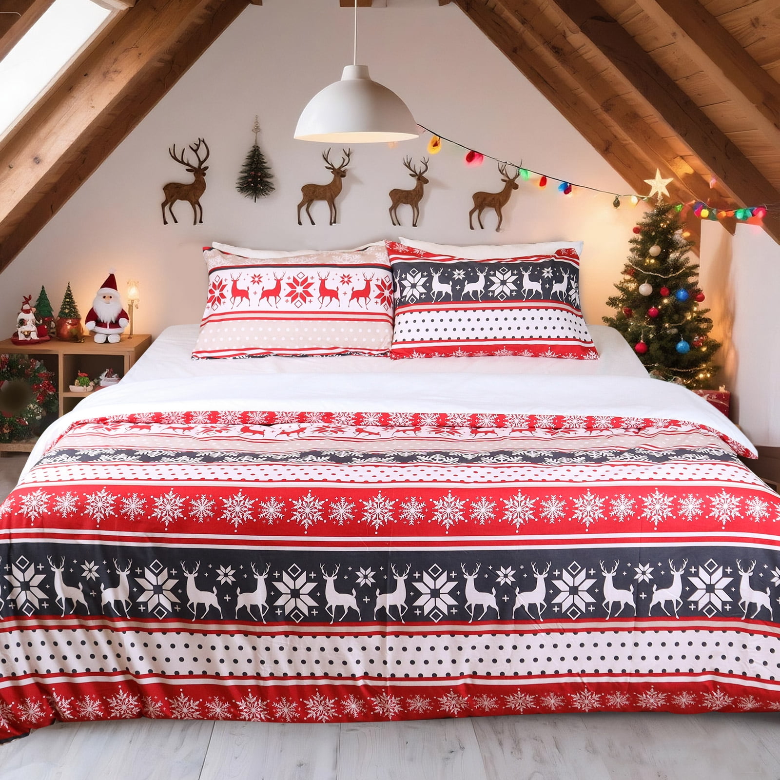 HITIME 100% Polyester Printed Christmas Duvet Cover Set - Twin Size 3 Piece Lightweight & Breathable Bedding Set, Soft Microfiber Comforter Cover with Zipper Closure, Christmas Stripe