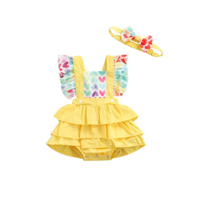 Xingqing Valentines Days Summer Baby Girls Romper Heart Print Ruffle Sleeve Backless Jumpsuit Headband Set Yellow 3-6 Months
