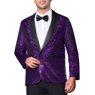 INSPIRE CHIC Men's Blazers Sequin Shiny Metallic Argyle Plaid Suit Jackets S Purple