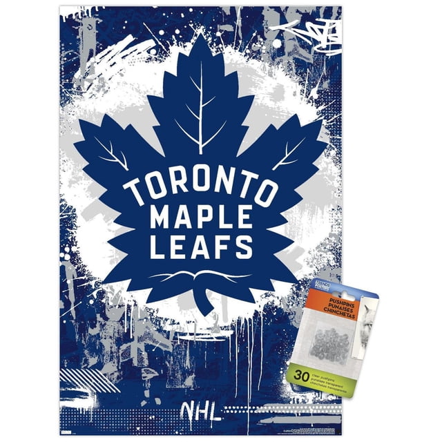 NHL Toronto Maple Leafs - Maximalist Logo 23 Wall Poster, 22.375" x 34", displays a large blue maple leaf with white veins and 'TORONTO MAPLE LEAFS' text in white on a textured blue and gray graffiti-style background, includes 30 clear pushpins for easy, damage-free hanging, ideal for bedroom, office, or dorm wall decor.